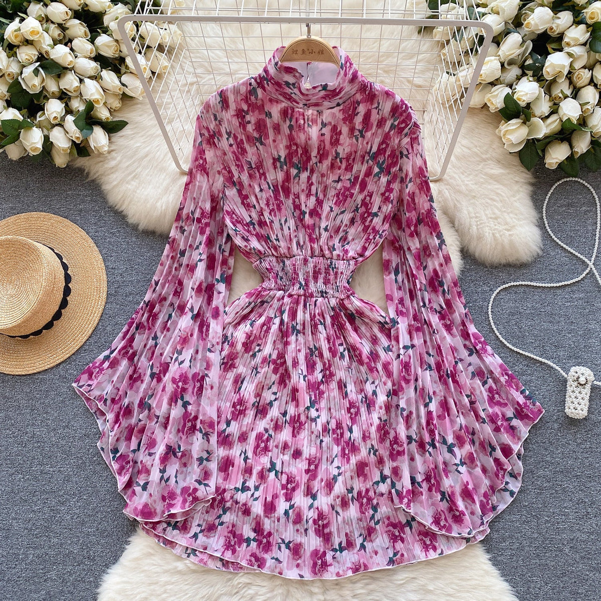 Flared Sleeve Floral Chiffon Dress