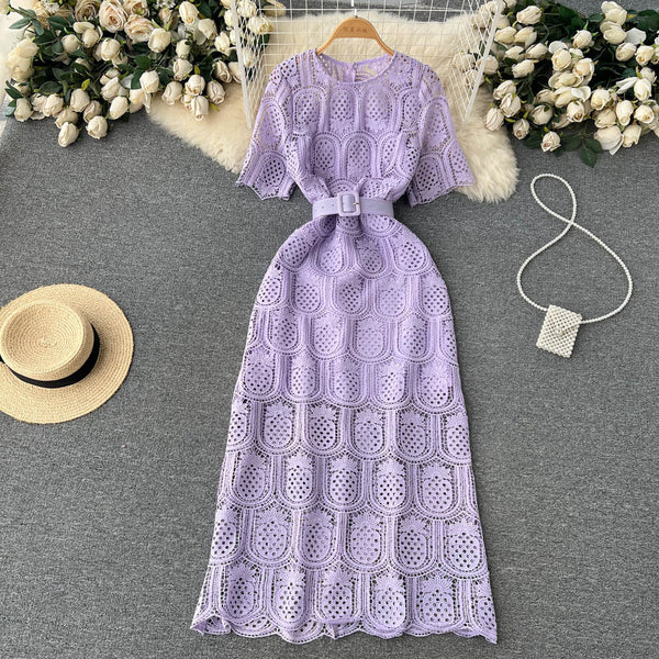 Crochet Lace Hollowed Long-sleeve Dress