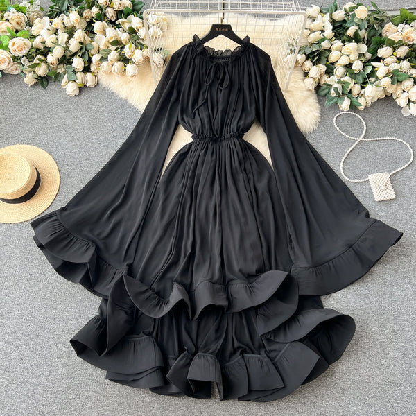 V-neck Lace-up Flared Sleeve Dress