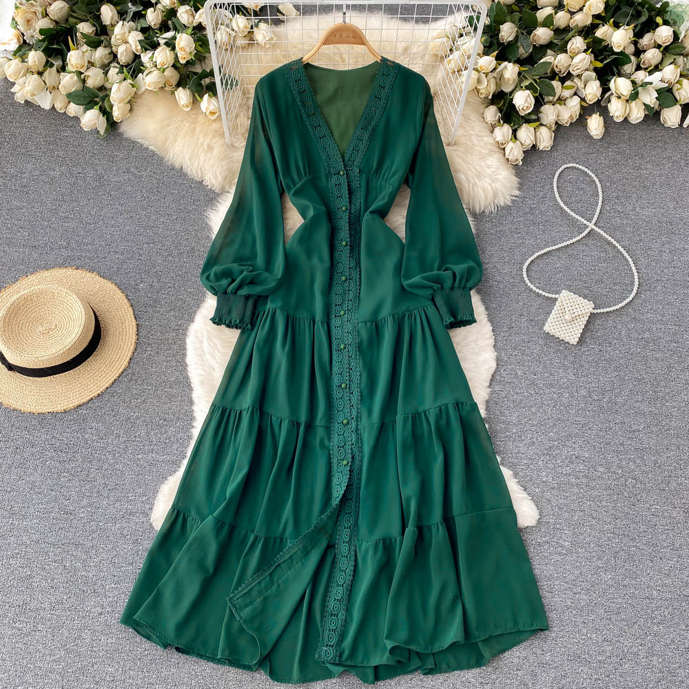 Courtly Lace Trim Single-breasted Dress
