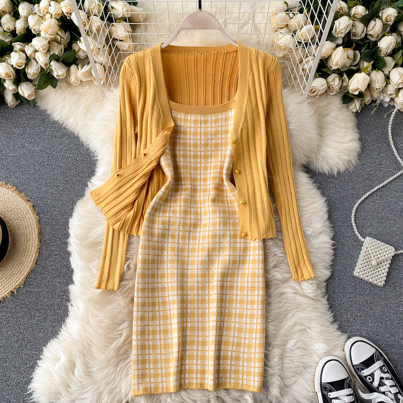 Knitted Cardigan&Plaid Dress 2Pcs