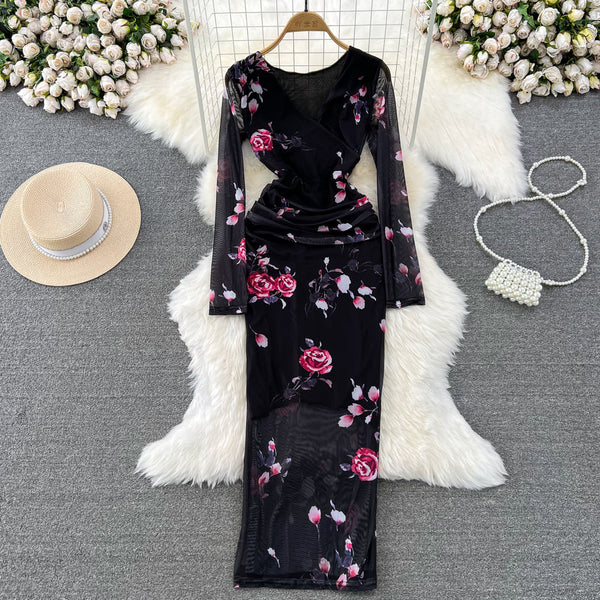 V-neck Floral Printed Mesh Dress