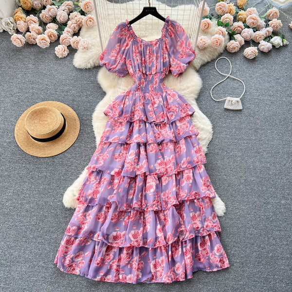 Vintage Puffy Sleeve Floral Cake Dress