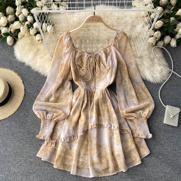 High-end Square Collar Lace-up Floral Dress