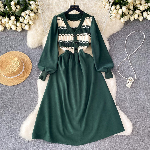 Vintage Striped Knit Patchwork Corduroy Dress