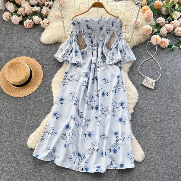 Off-shoulder Flared Sleeve Floral Dress