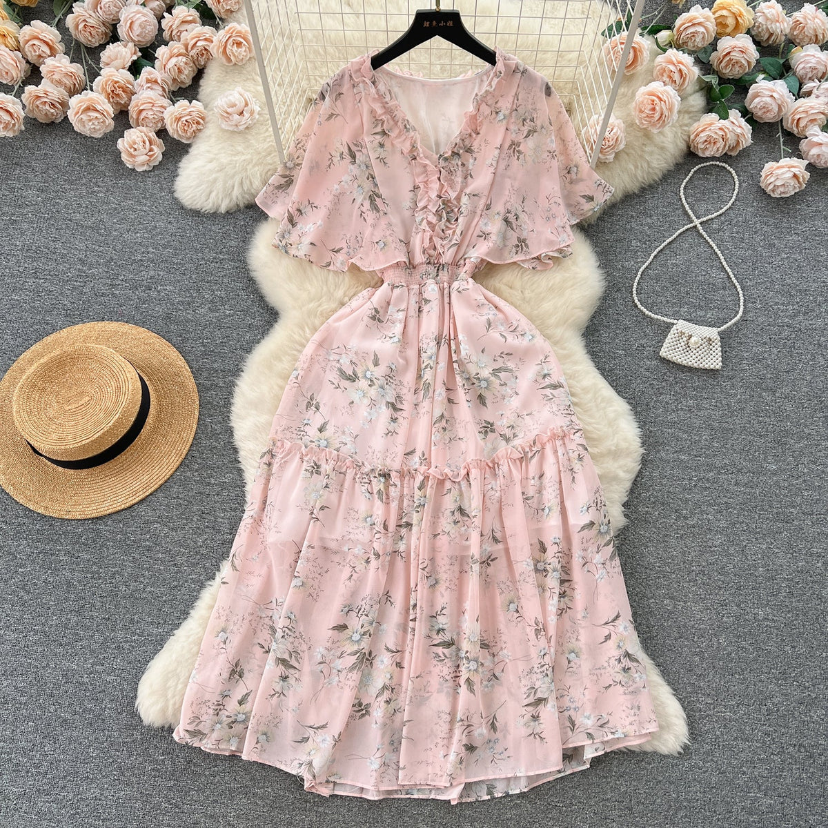 Mori Flared Sleeve Floral Chiffon Dress