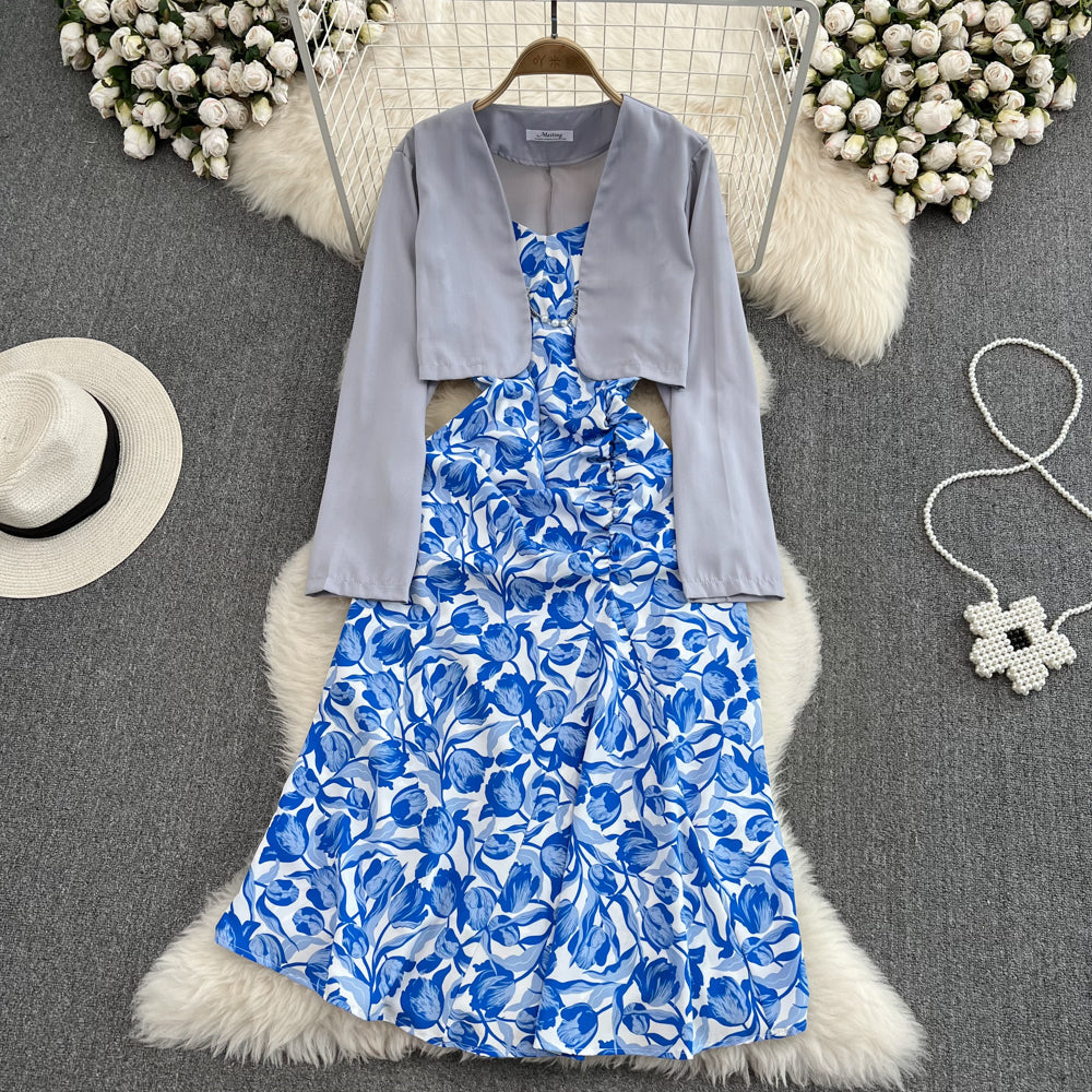 Vintage Sleeveless Dress&Cape Jacket 2Pcs