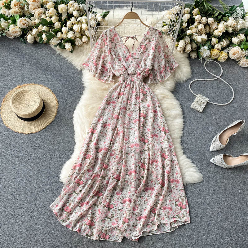 V-yaka Slim Chiffon Çiçekli Elbise