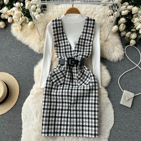 Bottom Sweater&Houndstooth Strappy Dress 2Pcs