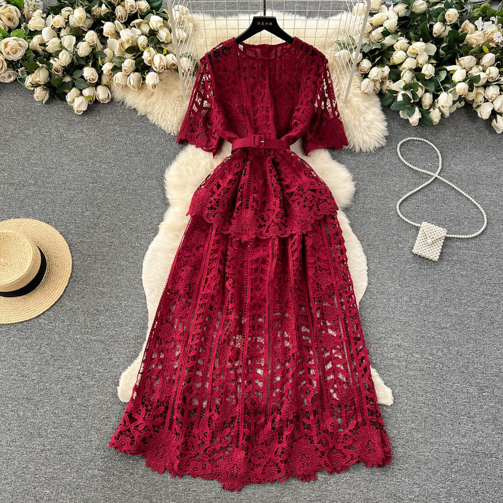 Hollowed Crochet Lace Solid Dress