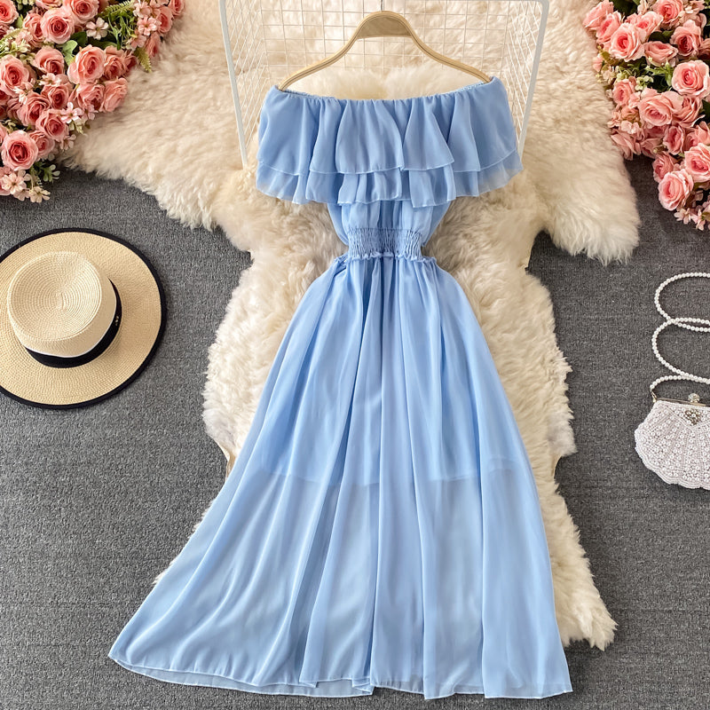 Off-shoulder Ruffle Mesh Chiffon Dress