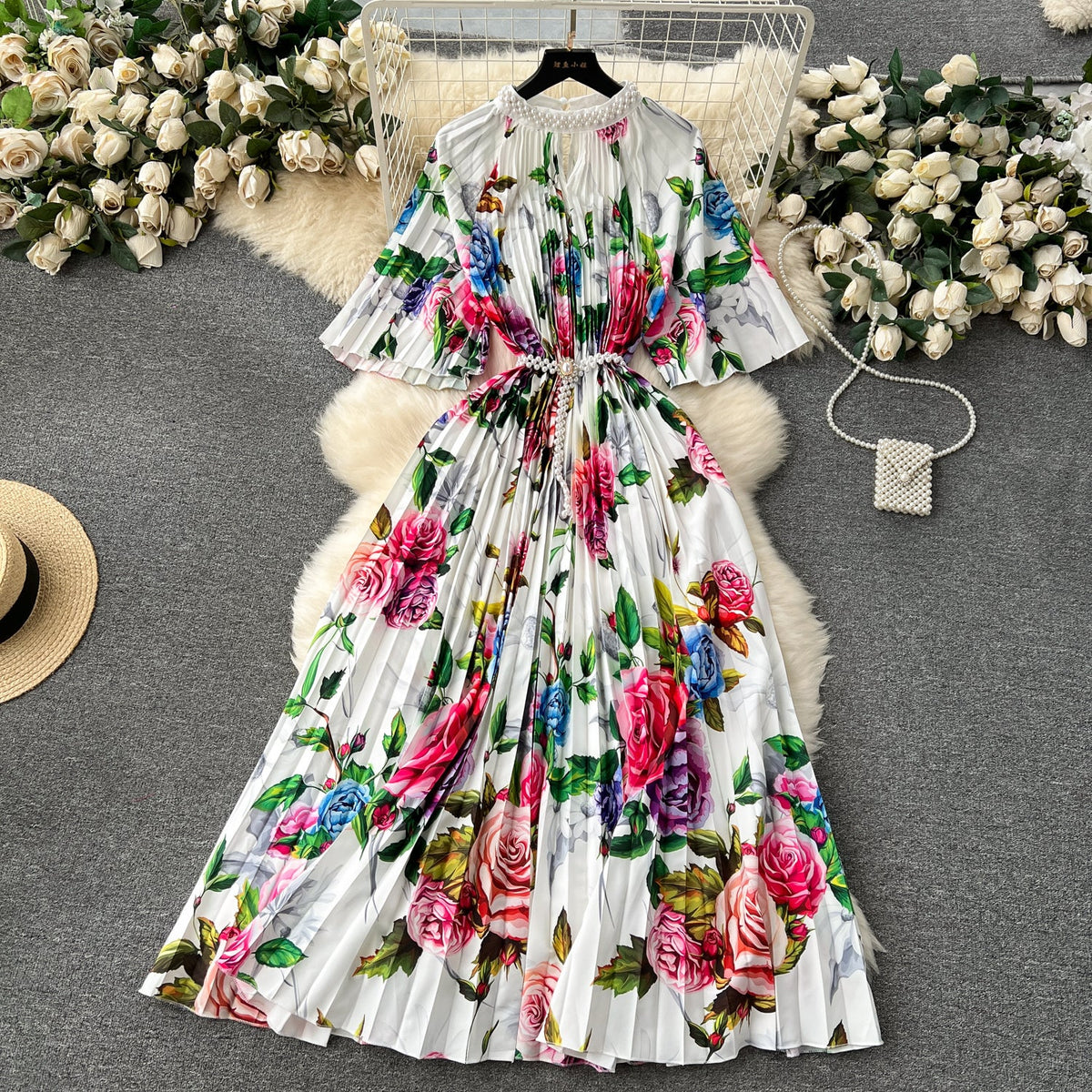 Elegant Beaded Floral Printed Dress
