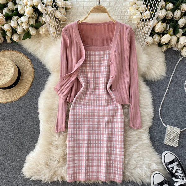 Knitted Cardigan&Plaid Dress 2Pcs