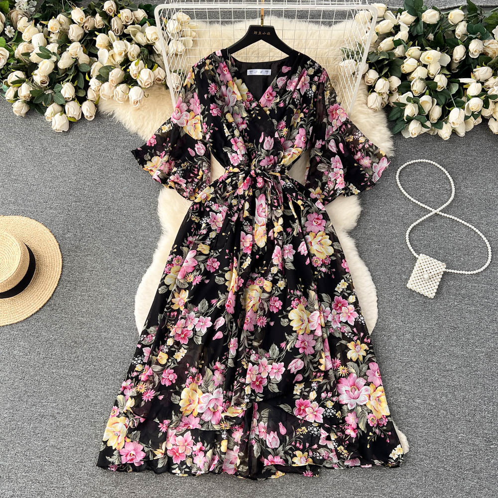 Flared Sleeve V-neck Floral Dress