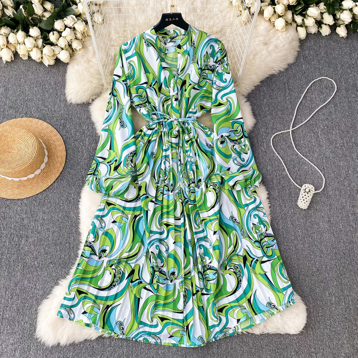 French Style Pleated Printed Dress