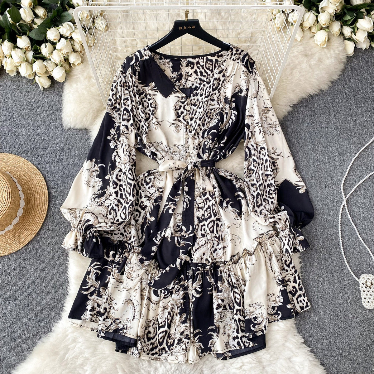 Elegant Lace-up Draped Printed Dress