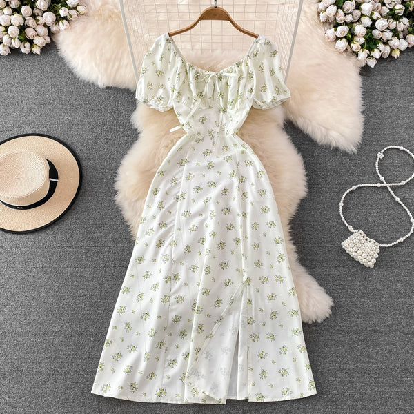 French Style Puff Sleeve Floral Dress