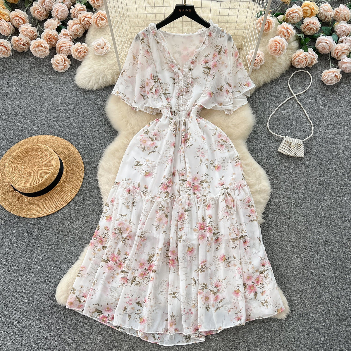 Mori Flared Sleeve Floral Chiffon Dress