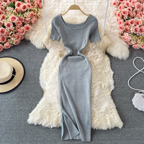 Vintage Solid Bodycon Knitted Dress