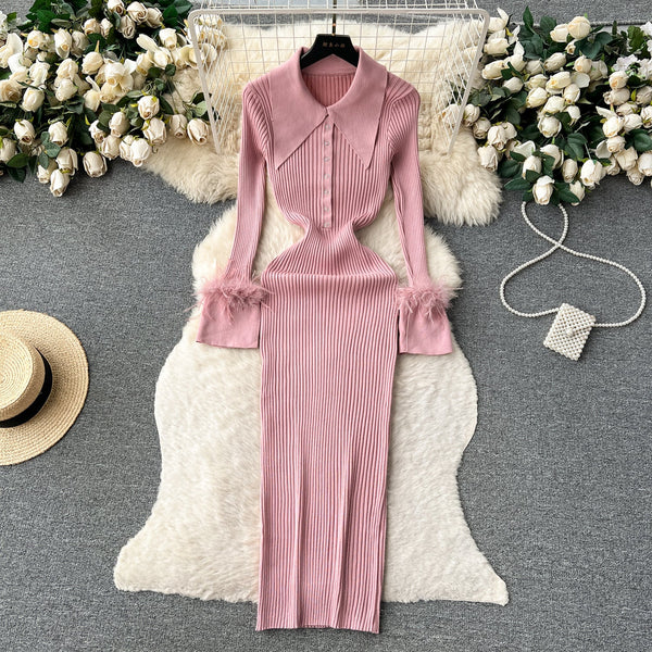 Lapel Furry Cuff Knitted Dress