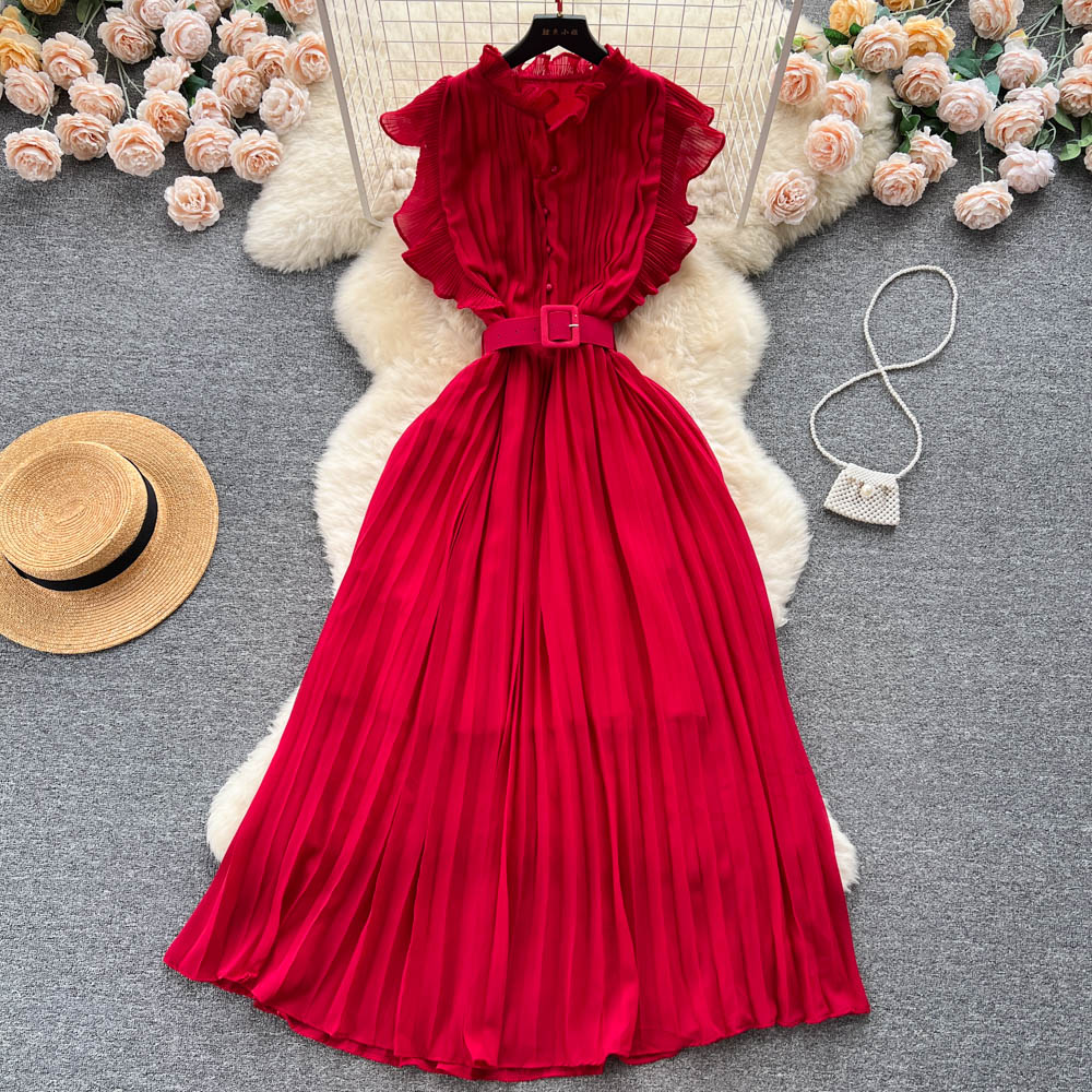 Solid Color Chiffon Dress with Belt