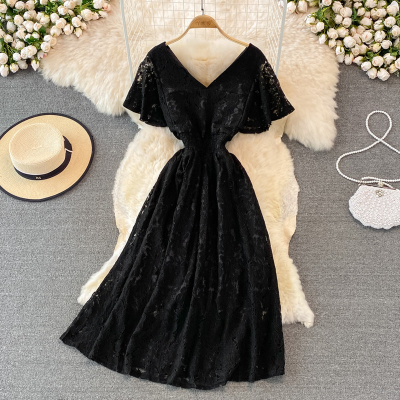 V-neck Floral Embroidered Lace Dress
