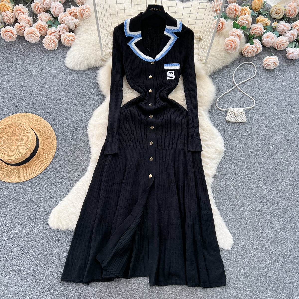 Color Blocking Embroidery Knitted Dress