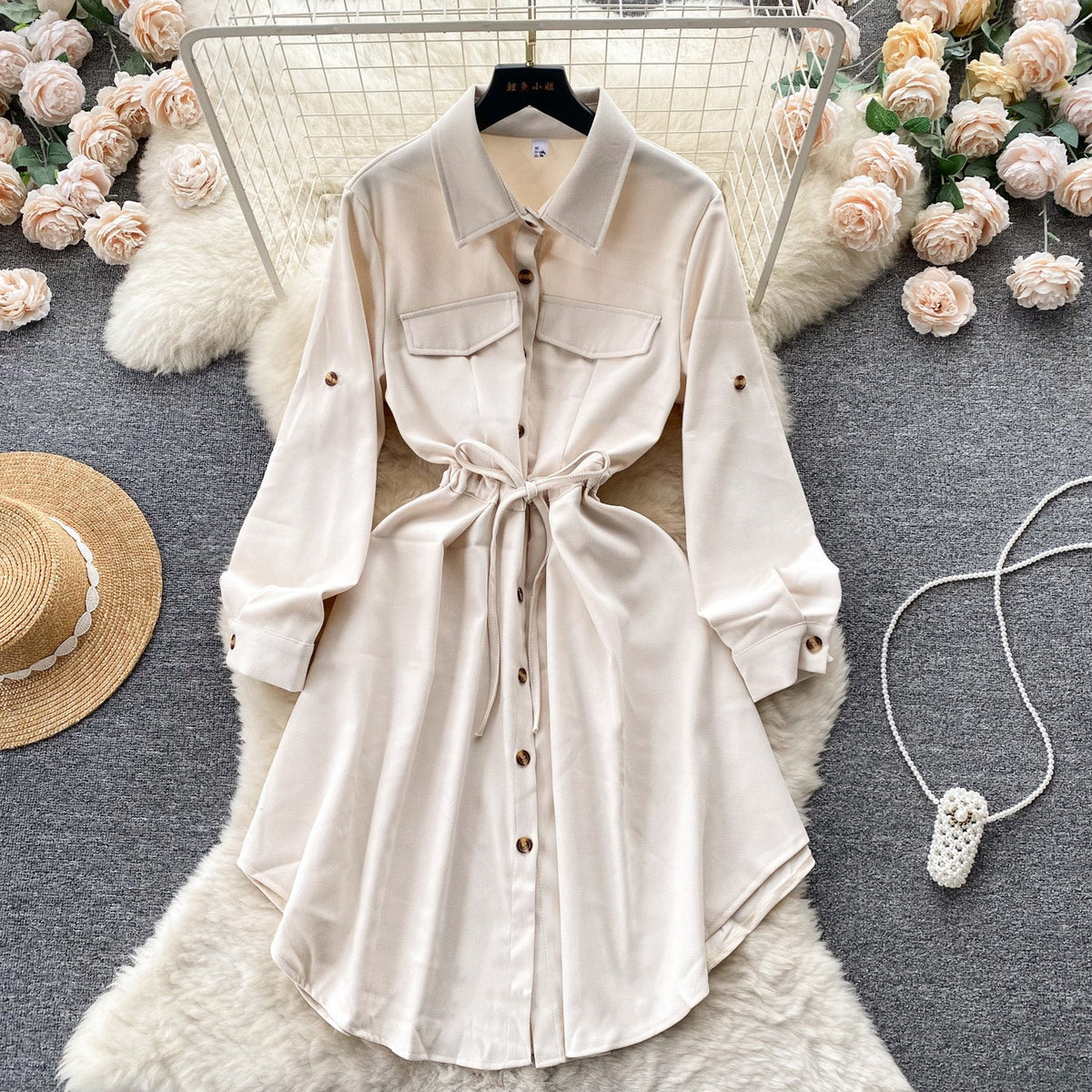 Irregular Design Lapeled Lace-up Shirt Dress