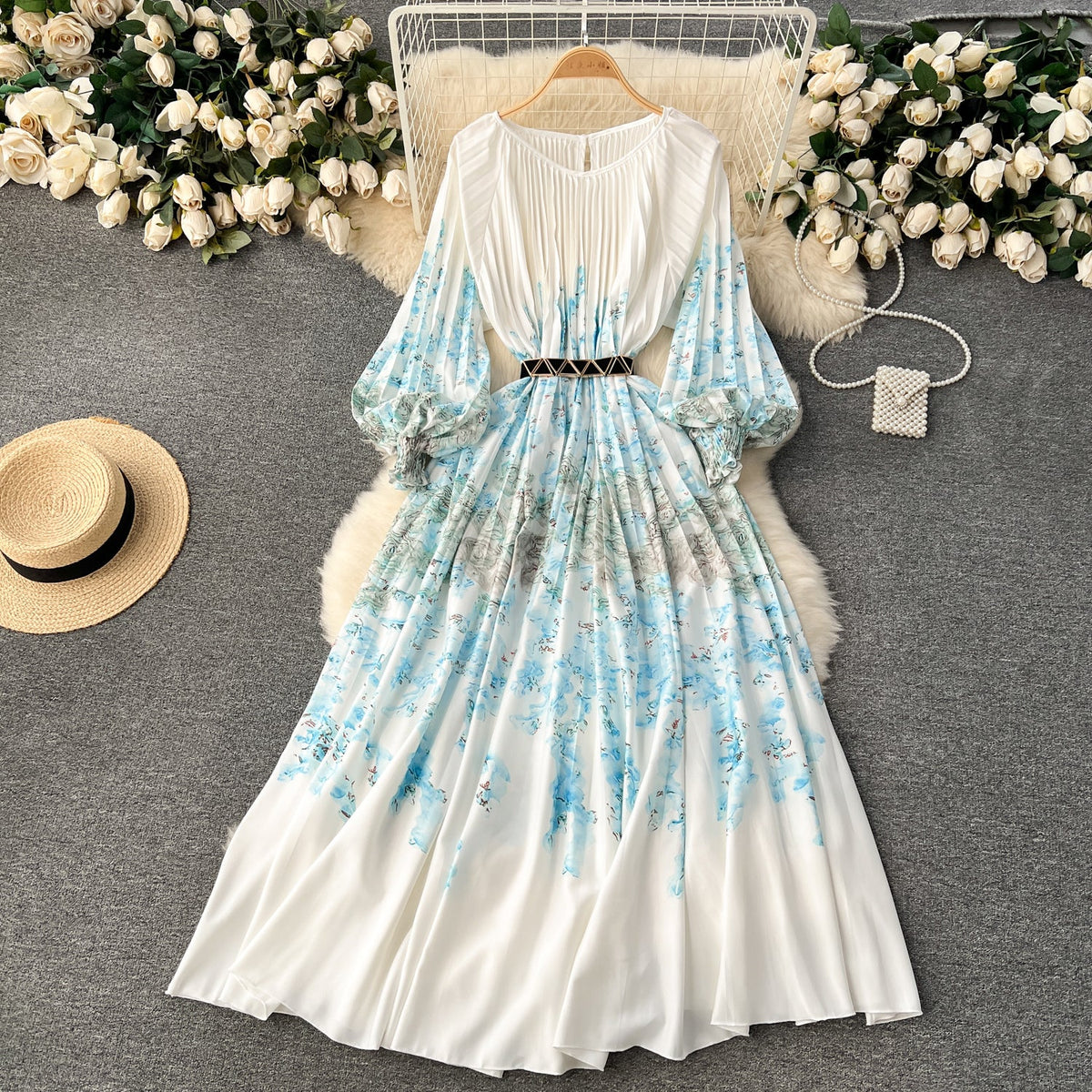 Courtly Flared Sleeve Floral Dress