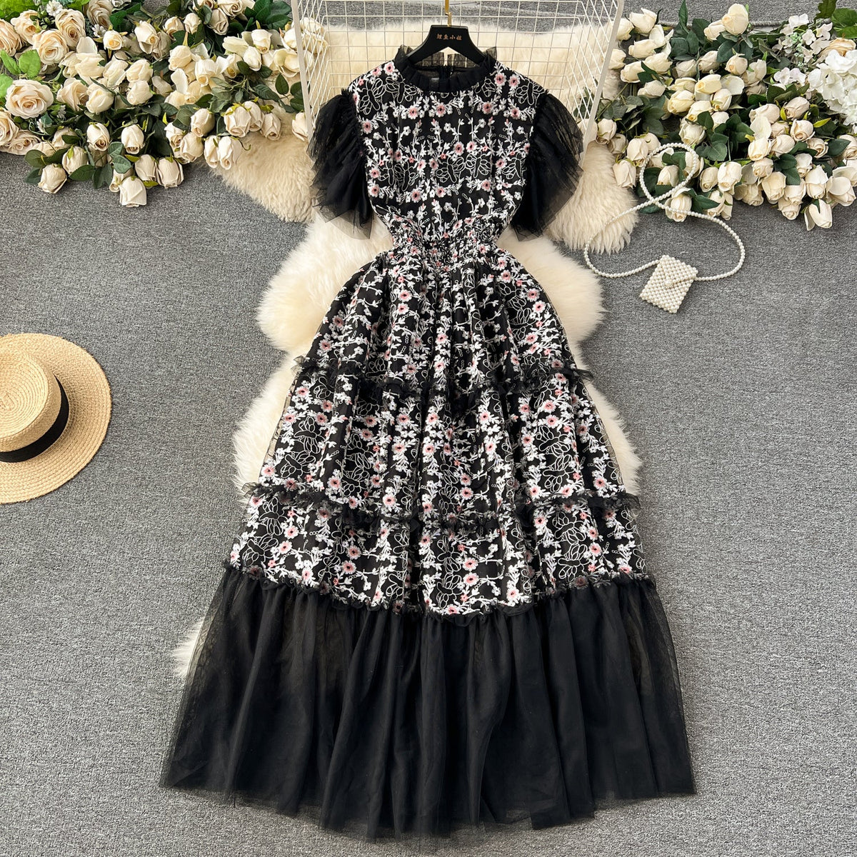Lace Patchwork Mesh Floral Puffy Dress