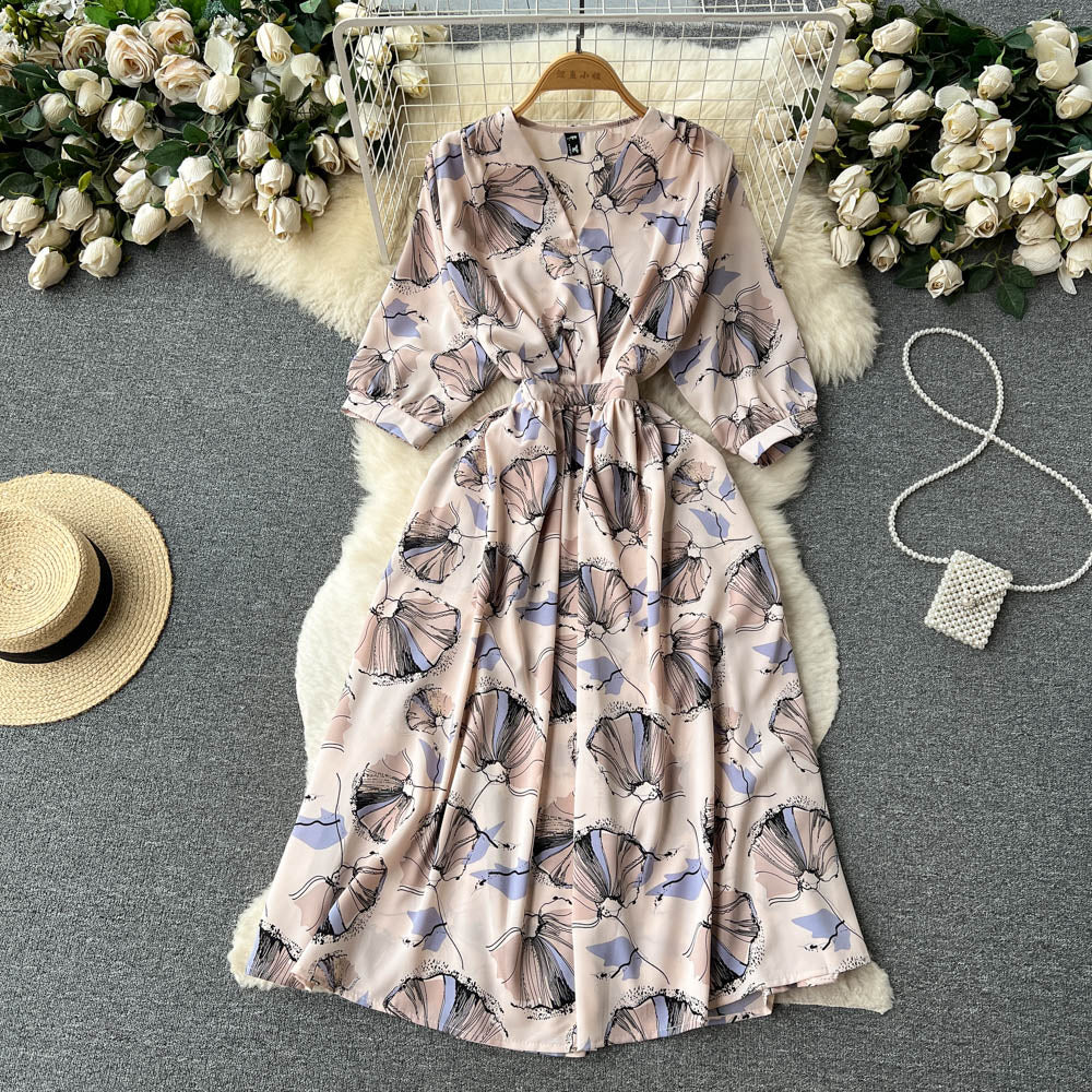 French Style Floral Printed Chiffon Dress