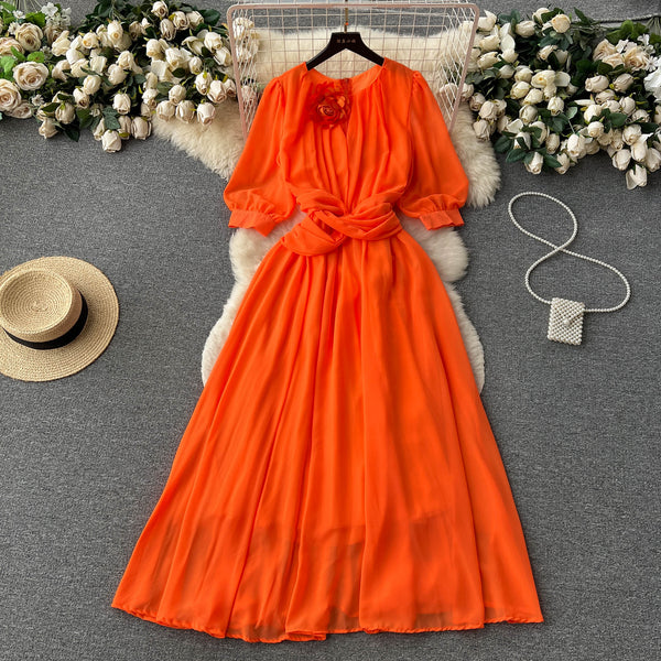 Puff Sleeves Twisted Floral Chiffon Dress
