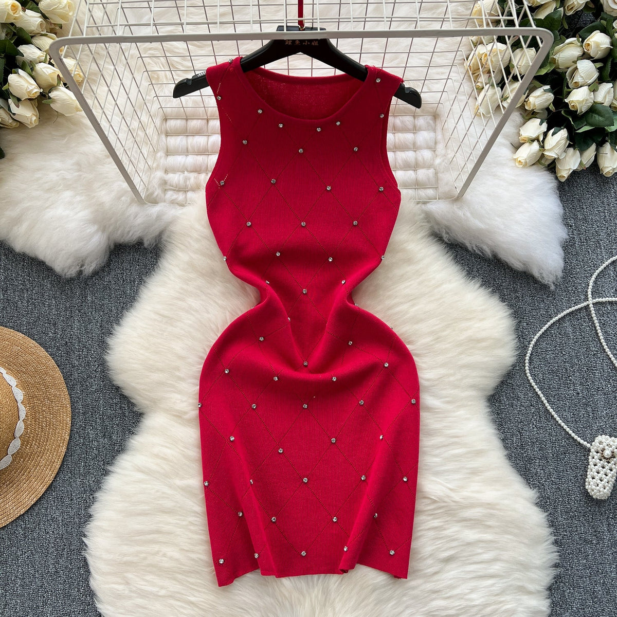Lozenge Rhinestone Studded Knitted Dress