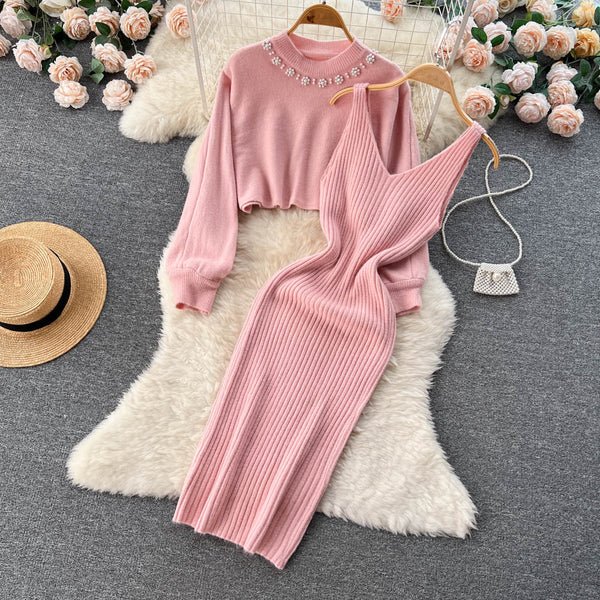 Vintage Beaded Jersey&V-neck Halter Dress
