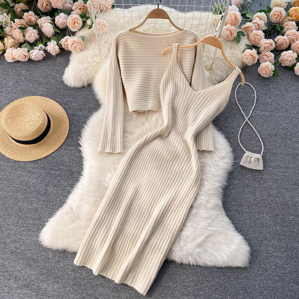 Chic Jersey&Halter V-neck Dress 2Pcs