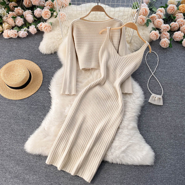 Chic Jersey&Halter V-neck Dress 2Pcs