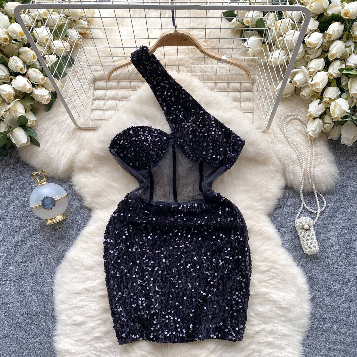 Slant Shoulder Sequin Mini Party Dress