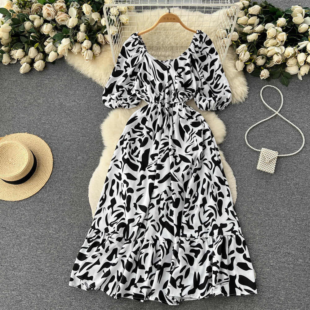 Square Neck Bubble Sleeve Floral Dress