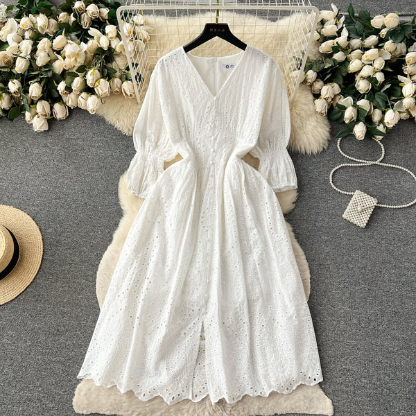 V-neck Puffy Sleeve Hollowed Dress