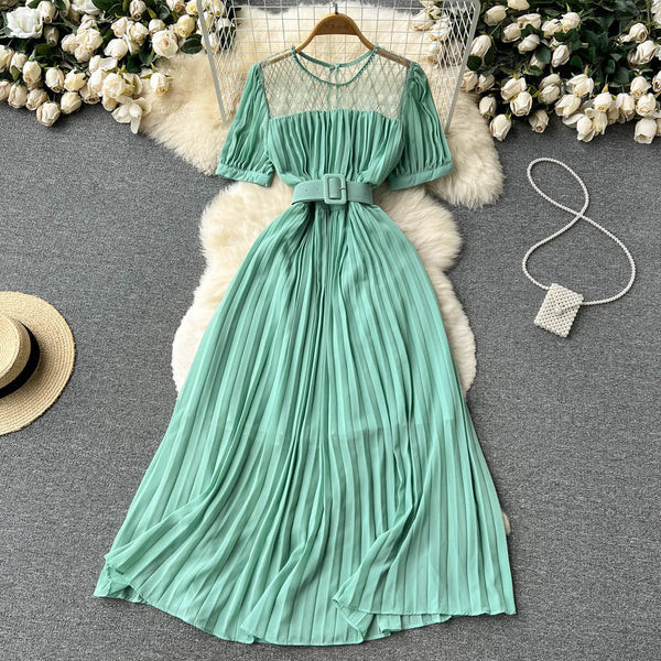 High Waist Tied Chiffon Pleated Dress