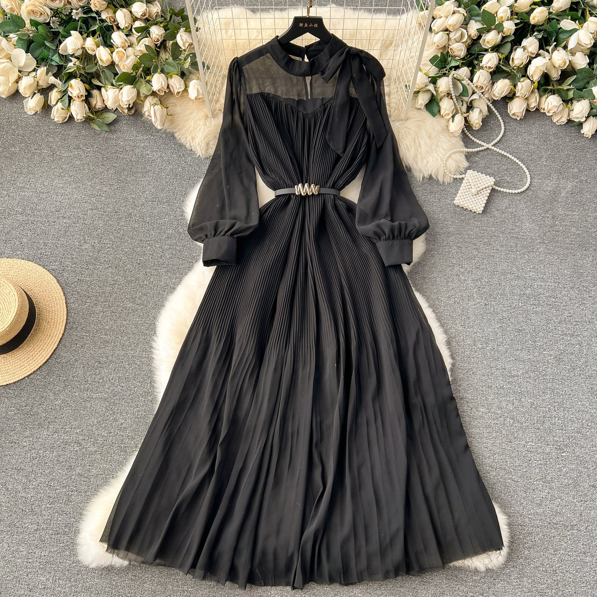 Bow-tie Pleated Chiffon Maxi Dress