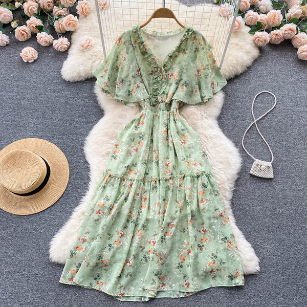 Vintage Pleated Short Sleeve Floral Dress