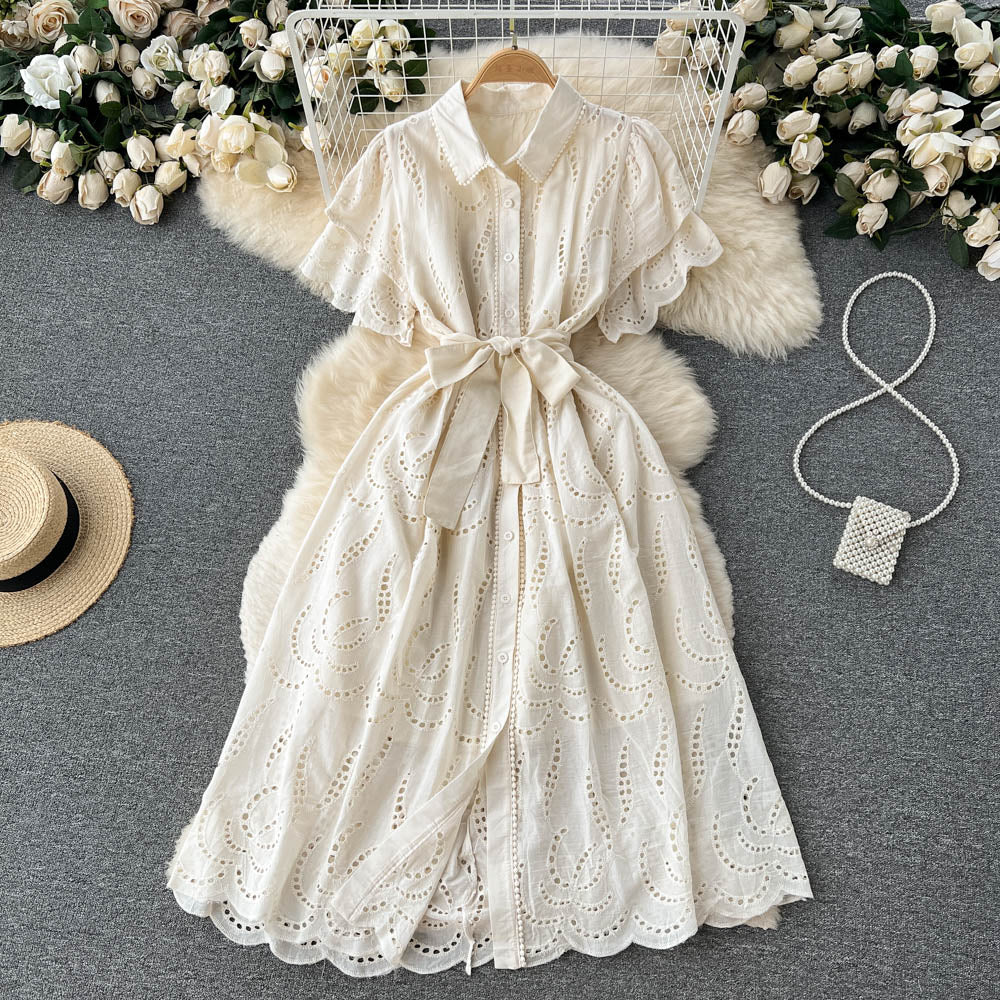 Lapeled Puff Sleeve Hollowed Dress