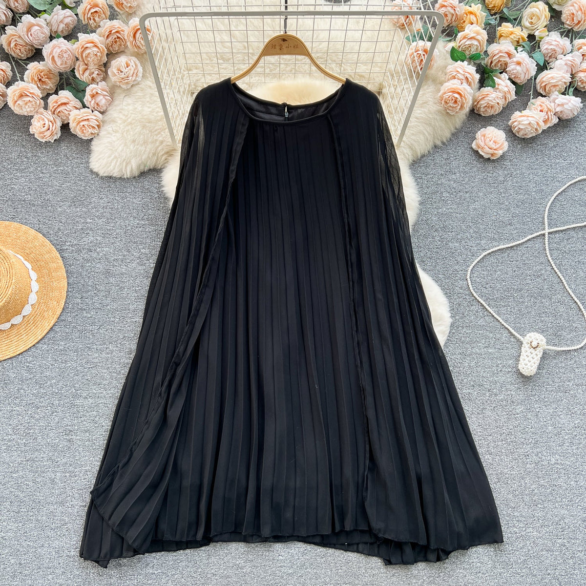 Solid Color Pleated Cape Dress