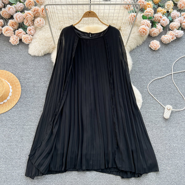 Solid Color Pleated Cape Dress