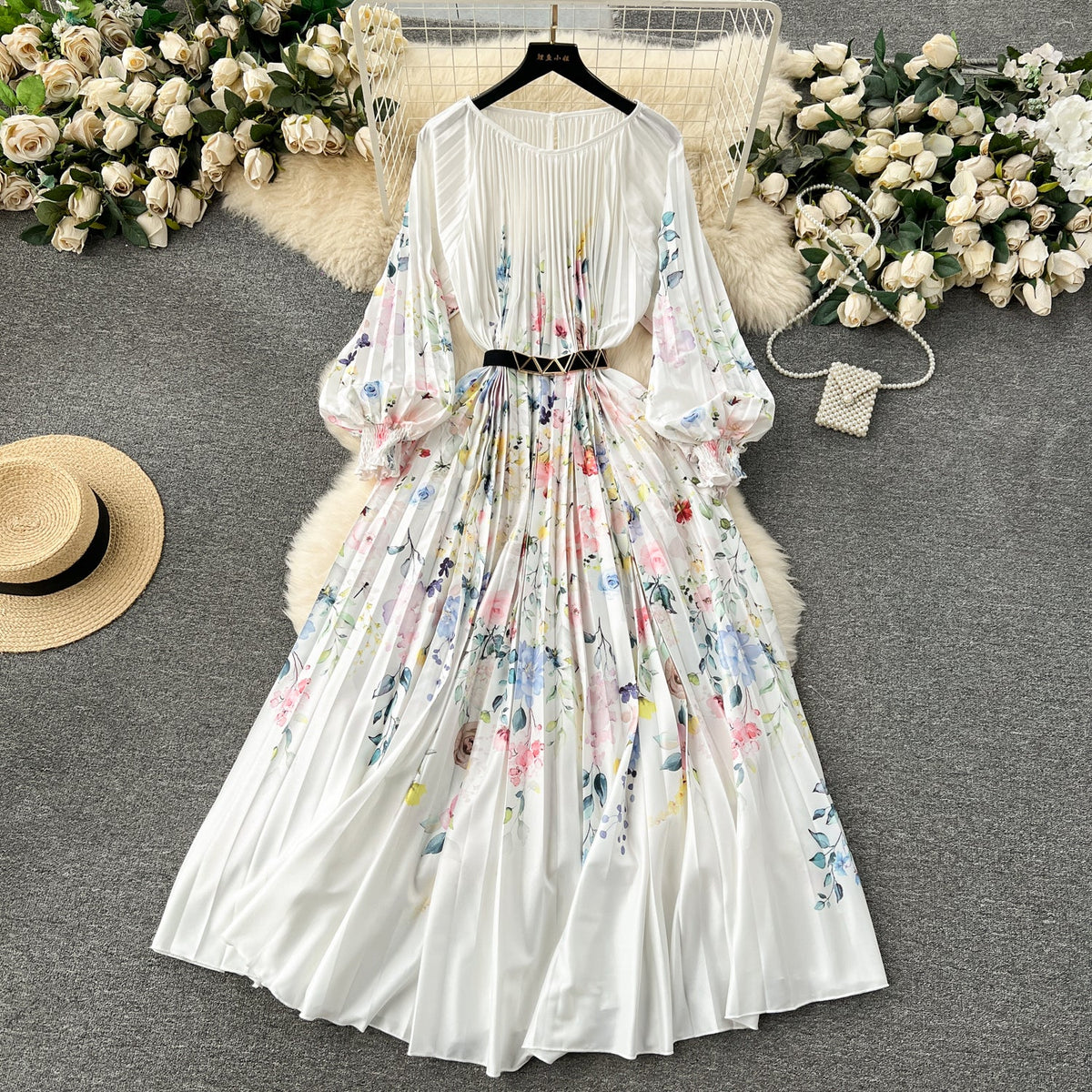 Floral Printed High-waist Pleated Dress