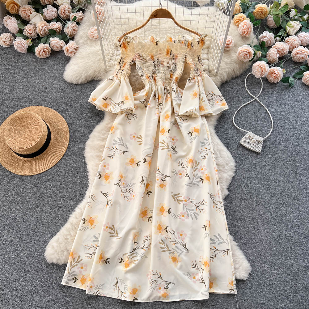 Off-shoulder Flared Sleeve Floral Dress