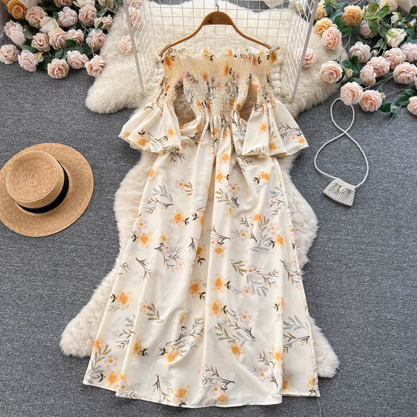 Off-shoulder Flared Sleeve Floral Dress