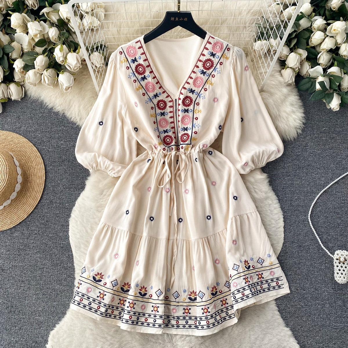 Bohemian Embroidered Drawstring Floral Dress